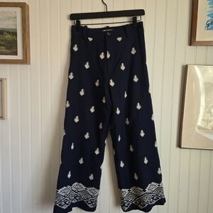 Zara Navy Blue Linen Blend Trousers with White Geometric Southwest Embroidery